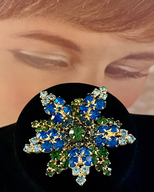 Vintage Blue Green 3 Dimension Rhinestone Brooch Pin