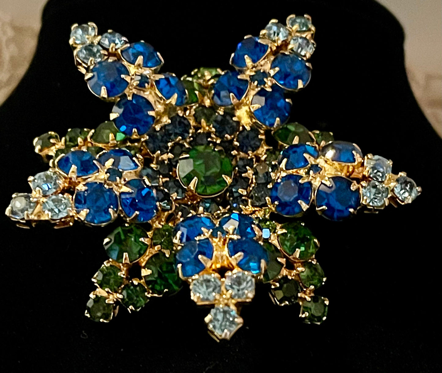 Vintage Blue Green 3 Dimension Rhinestone Brooch Pin