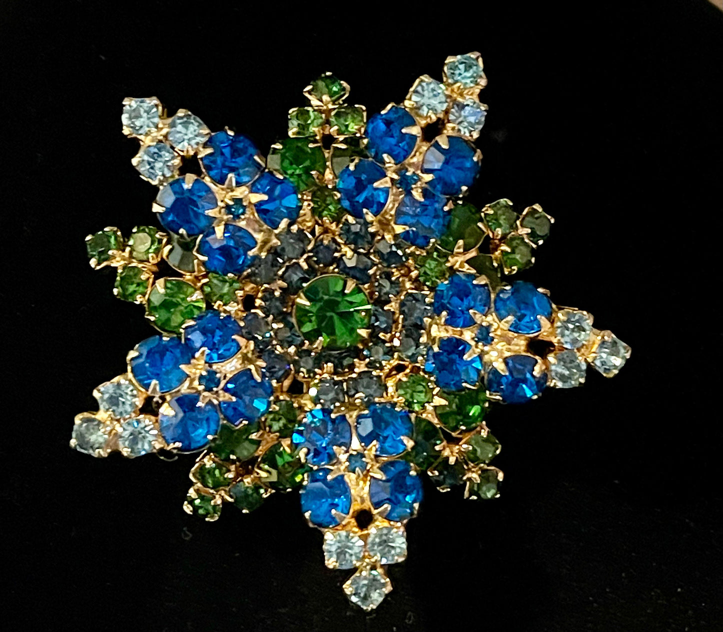 Vintage Blue Green 3 Dimension Rhinestone Brooch Pin