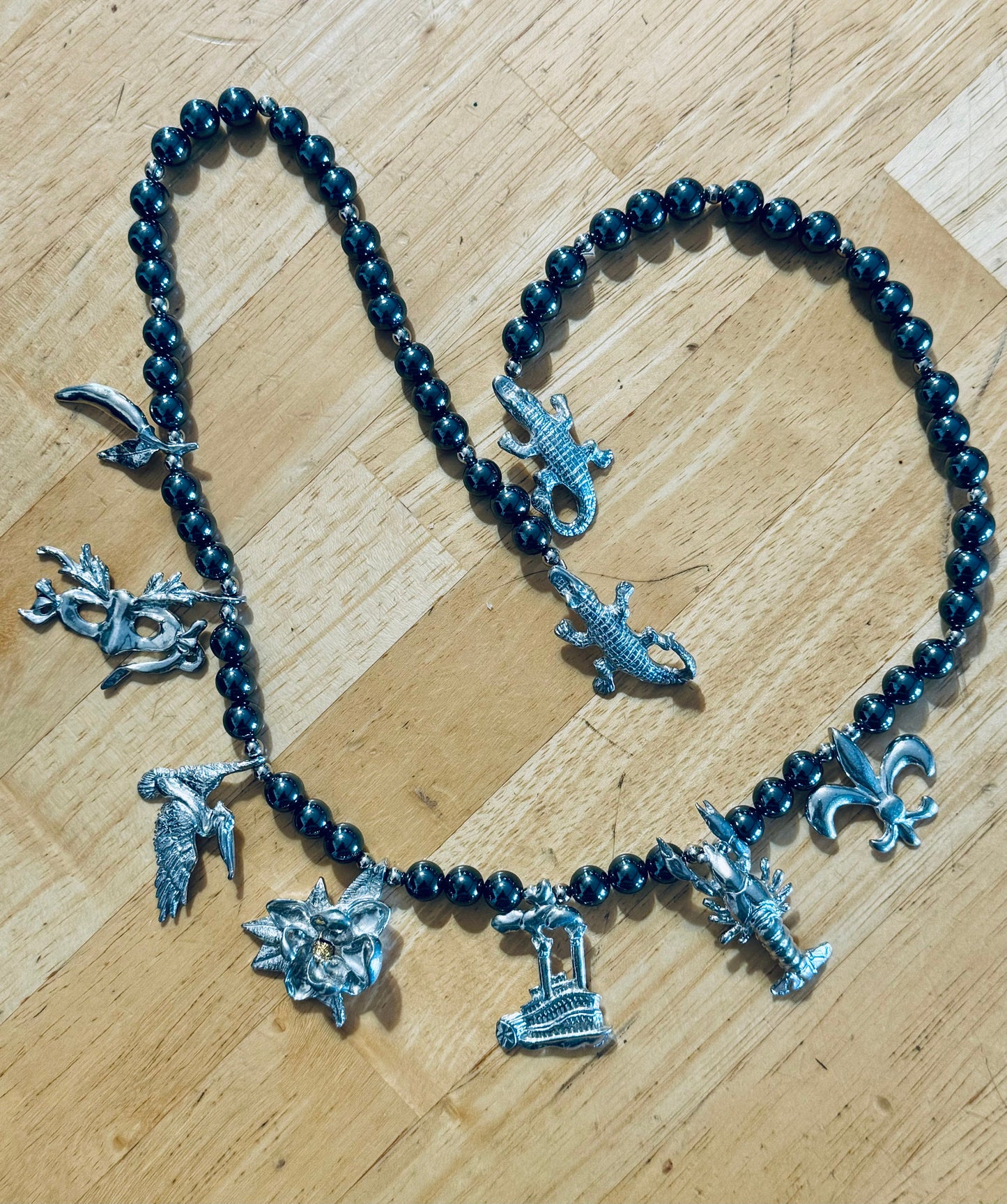 Vintage Maurice Milleur Mardi Gras Hematite and Pewter Necklace