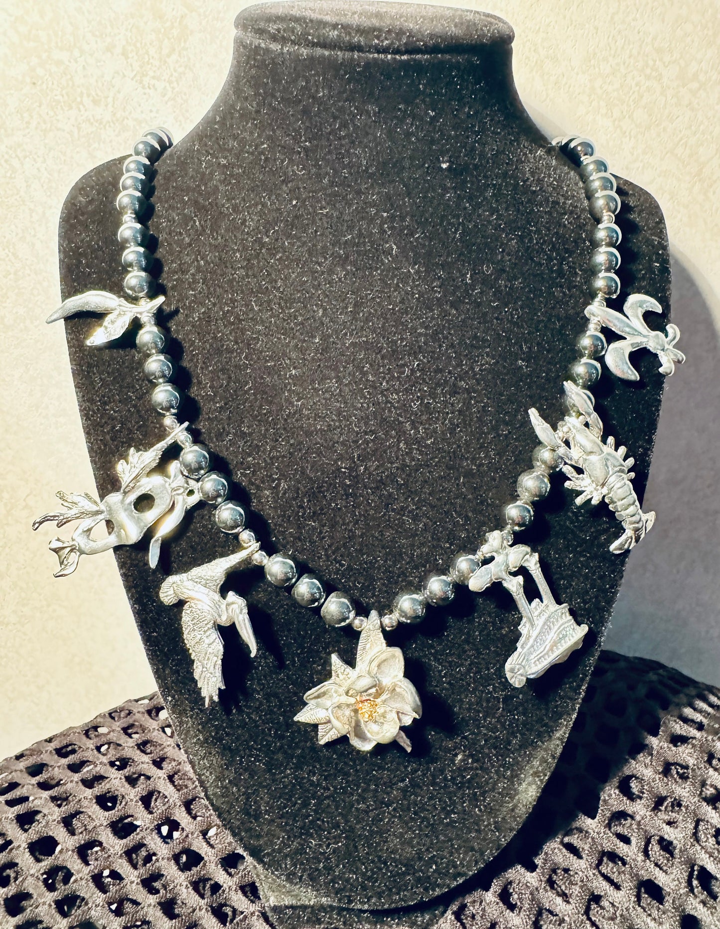 Vintage Maurice Milleur Mardi Gras Hematite and Pewter Necklace