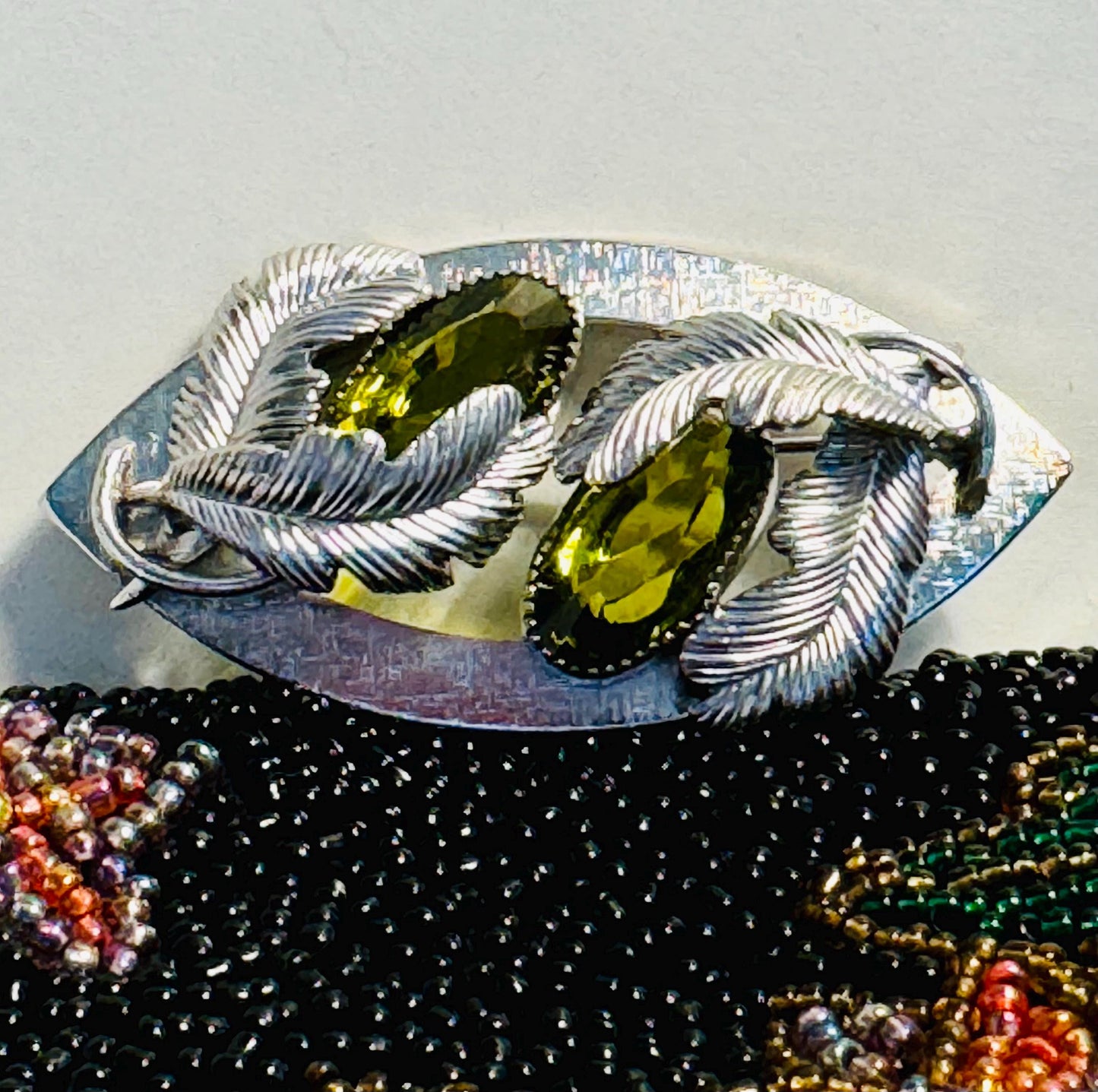 Vintage Peridot Crystal and Feather Brooch