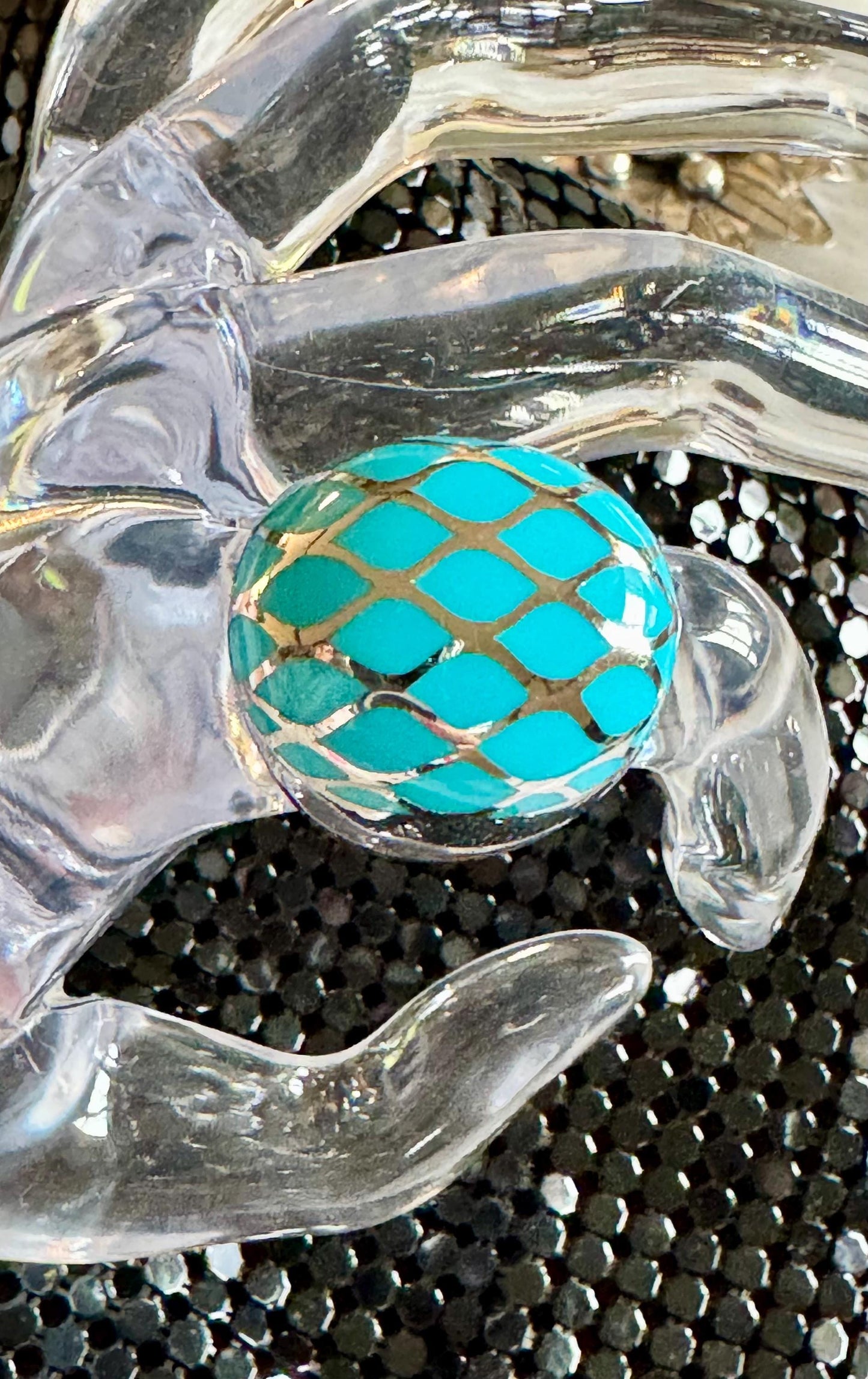 Vintage Domed SS Turquoise Resin Ring with Harlequin Pattern