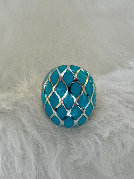 Vintage Domed SS Turquoise Resin Ring with Harlequin Pattern
