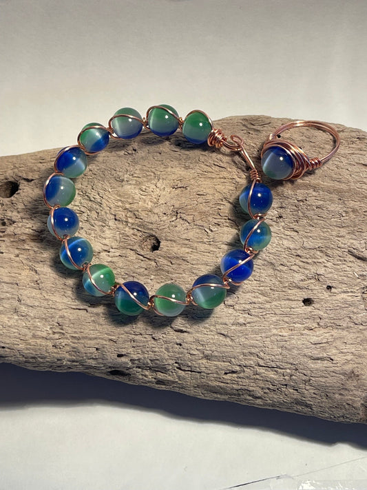 Handmade Wire Wrapped Cat's Eye Bracelet and Ring Set