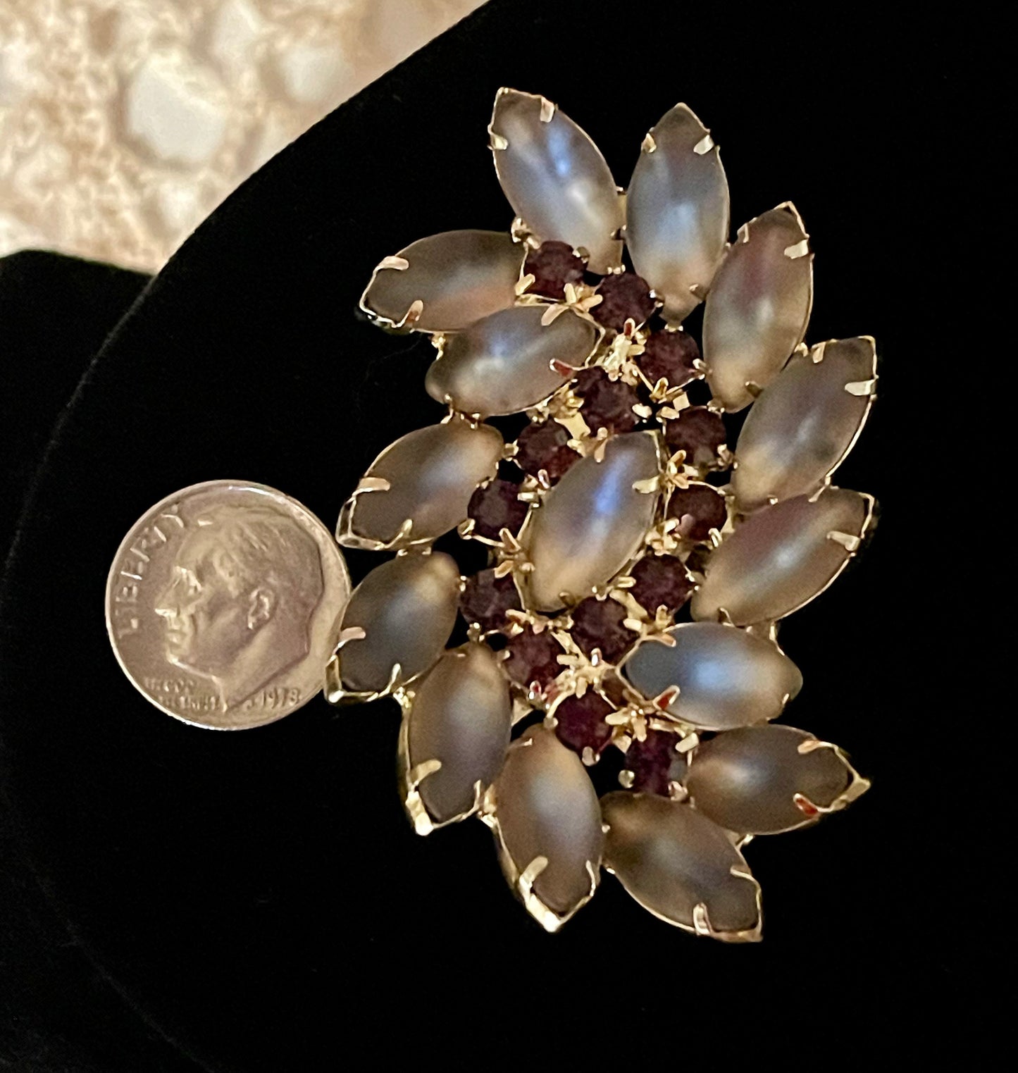 Vintage Satin Purple, Grey and Mauve Rhinestone Brooch