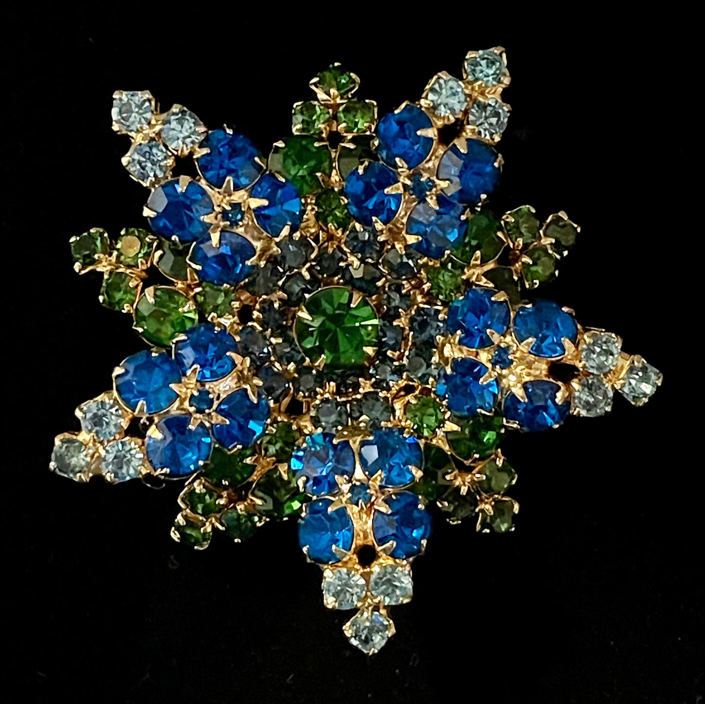 Vintage Blue Green 3 Dimension Rhinestone Brooch Pin