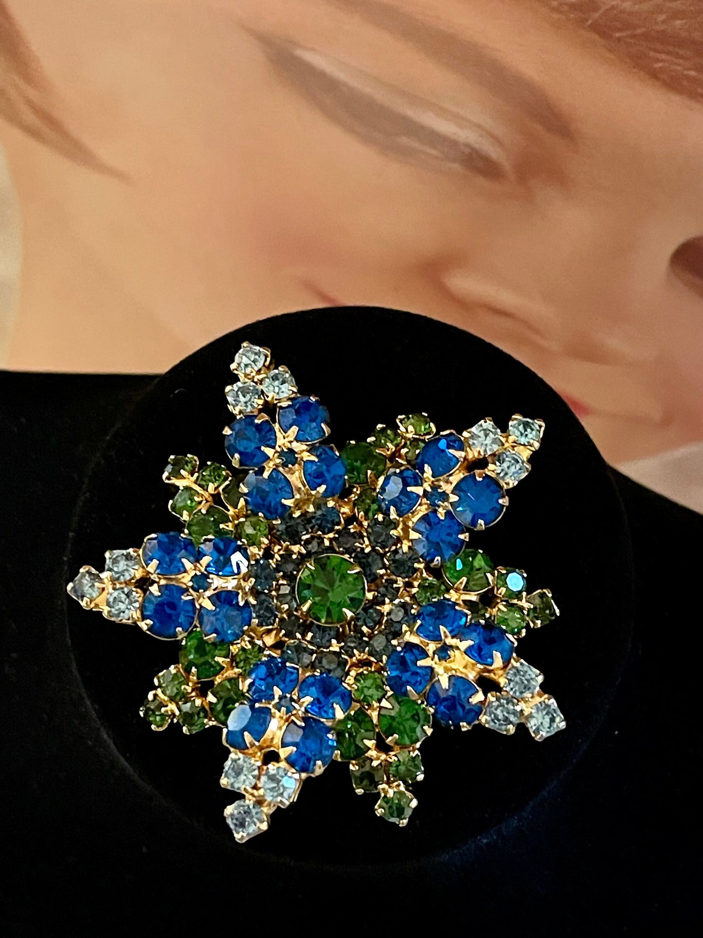 Vintage Blue Green 3 Dimension Rhinestone Brooch Pin