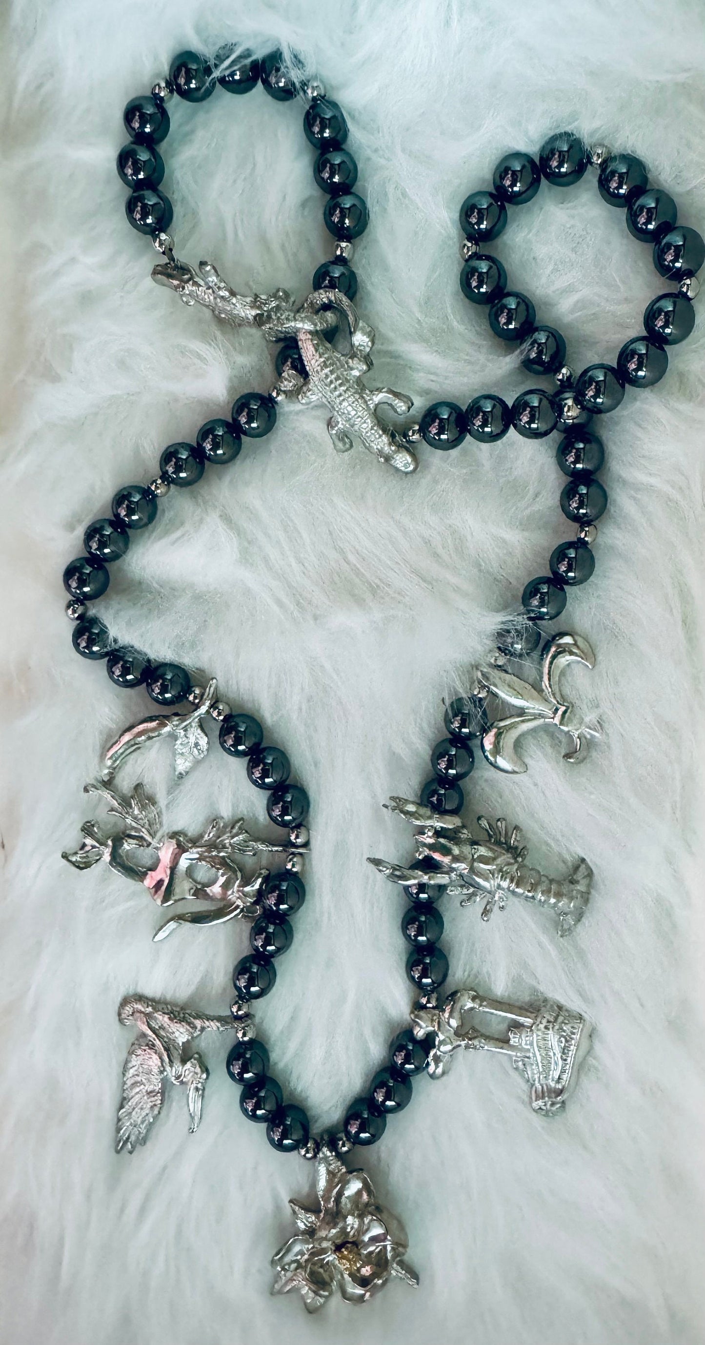Vintage Maurice Milleur Mardi Gras Hematite and Pewter Necklace