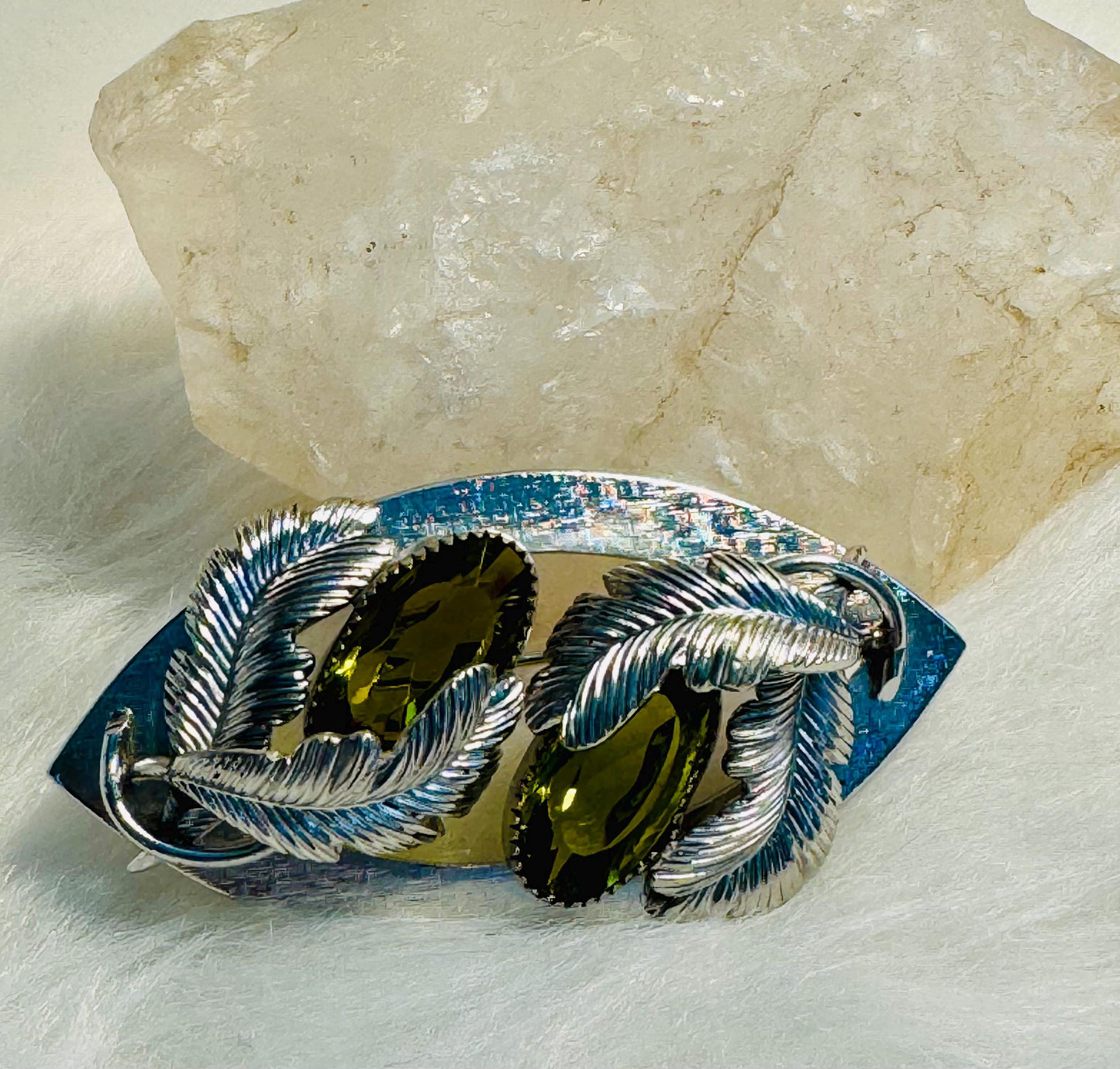 Vintage Peridot Crystal and Feather Brooch