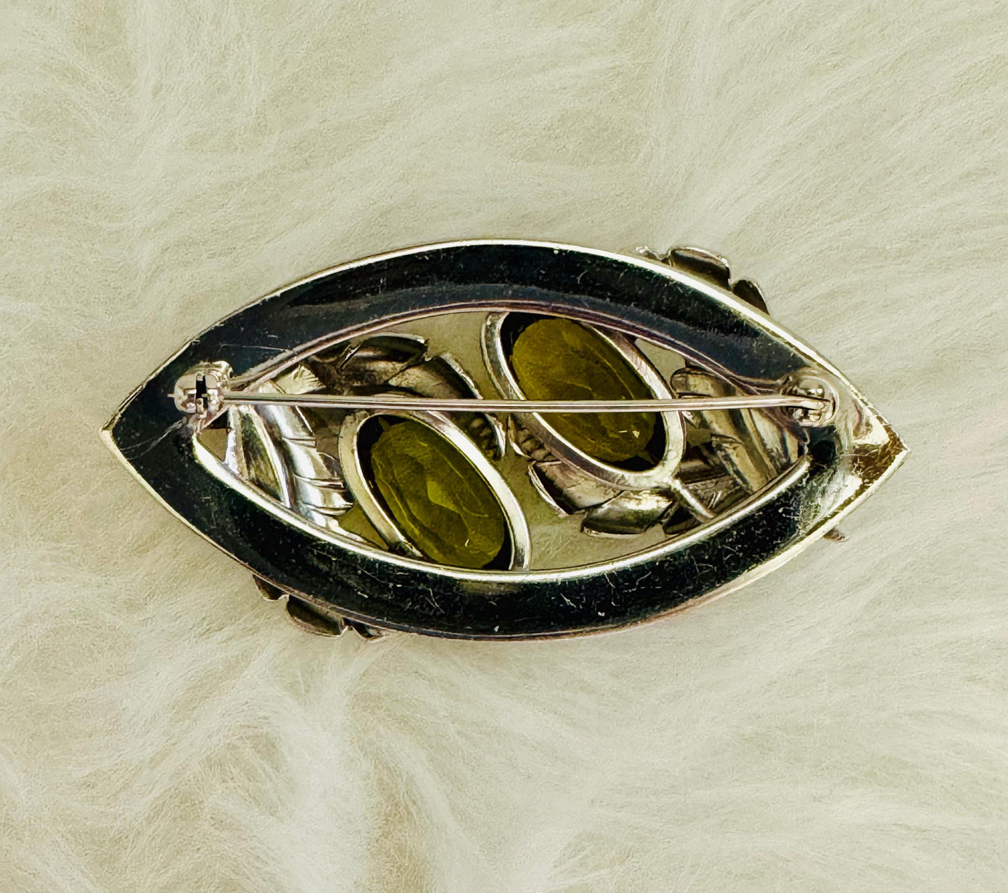 Vintage Peridot Crystal and Feather Brooch