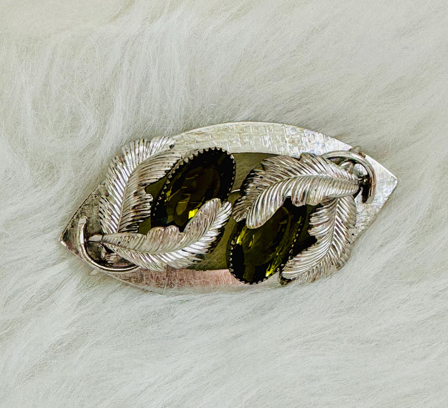 Vintage Peridot Crystal and Feather Brooch