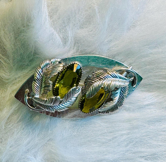 Vintage Peridot Crystal and Feather Brooch