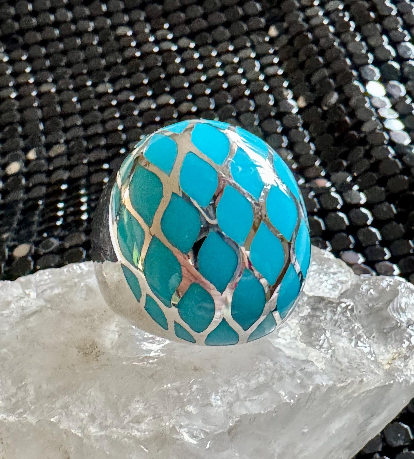 Vintage Domed SS Turquoise Resin Ring with Harlequin Pattern