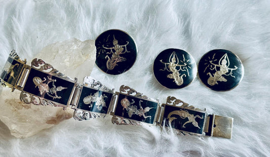Siam Silver Vintage Bracelet, Earring and Brooch Set