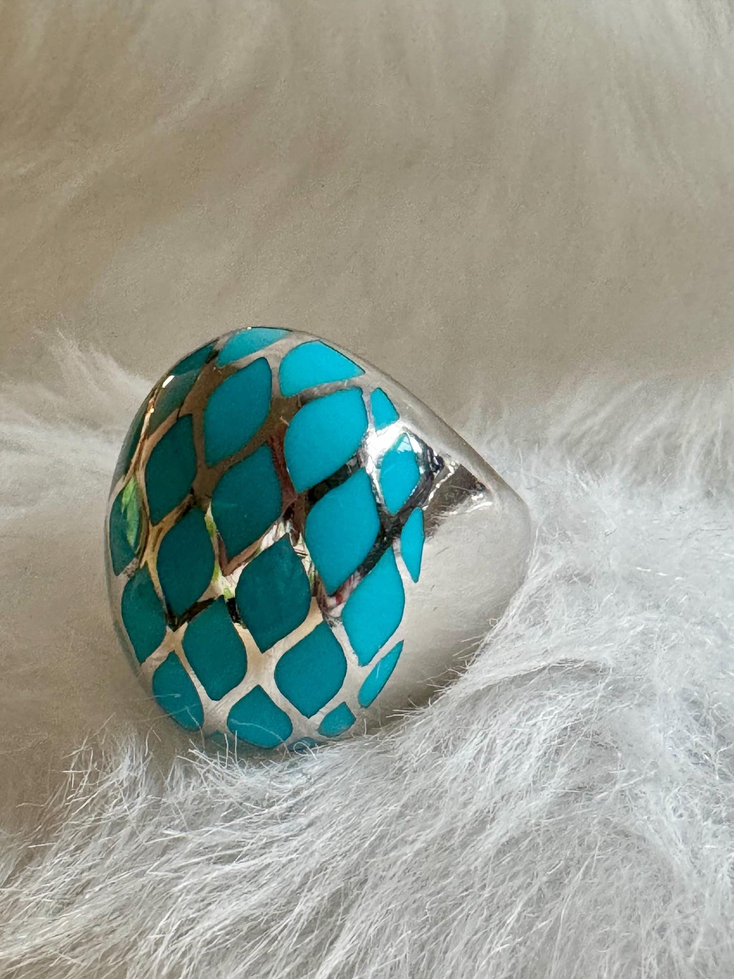 Vintage Domed SS Turquoise Resin Ring with Harlequin Pattern