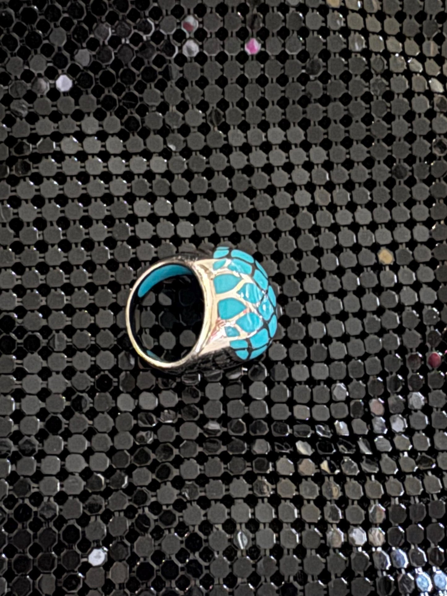 Vintage Domed SS Turquoise Resin Ring with Harlequin Pattern